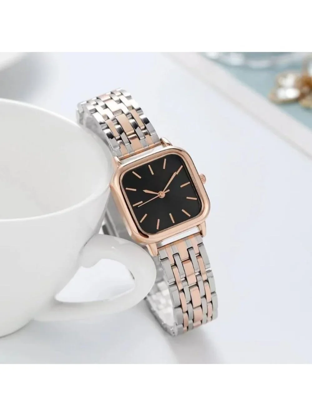 Women's Black Analog Quartz Rose Gold Stainless Steel Square Dial Bracelet Watch